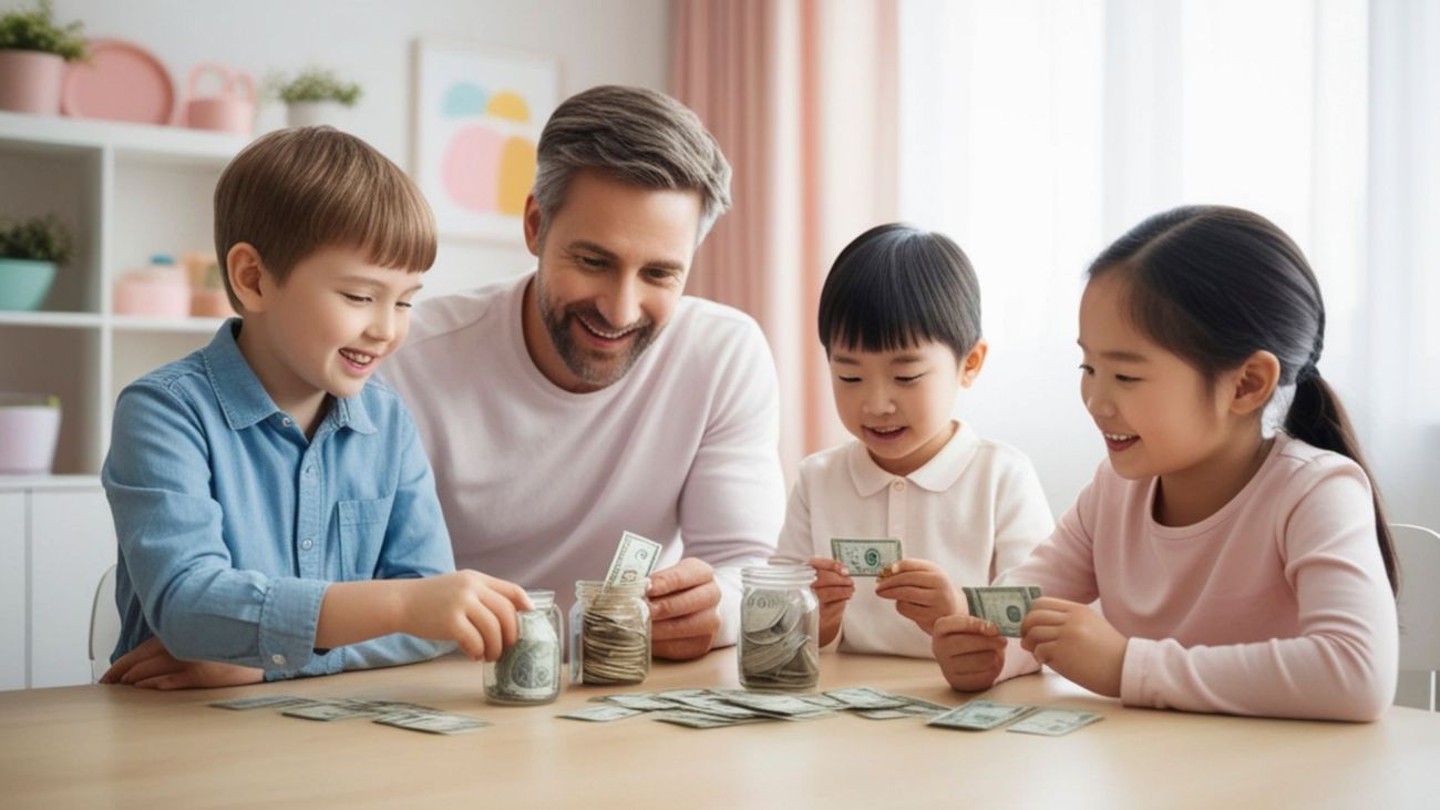 Un padre con sus hijos jugando con monedas y billetes. Educación financiera, el valor del dinero.