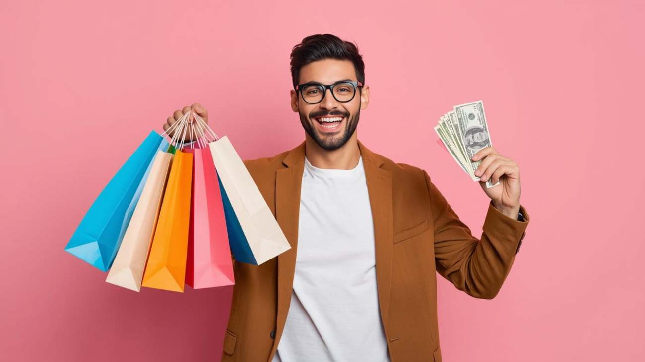 Hombre sonriente con bolsas de compras de colores y billetes en la mano sobre fondo rosa, representando la sensación de recompensa emocional tras gastar dinero impulsivamente, gastar por emoción.