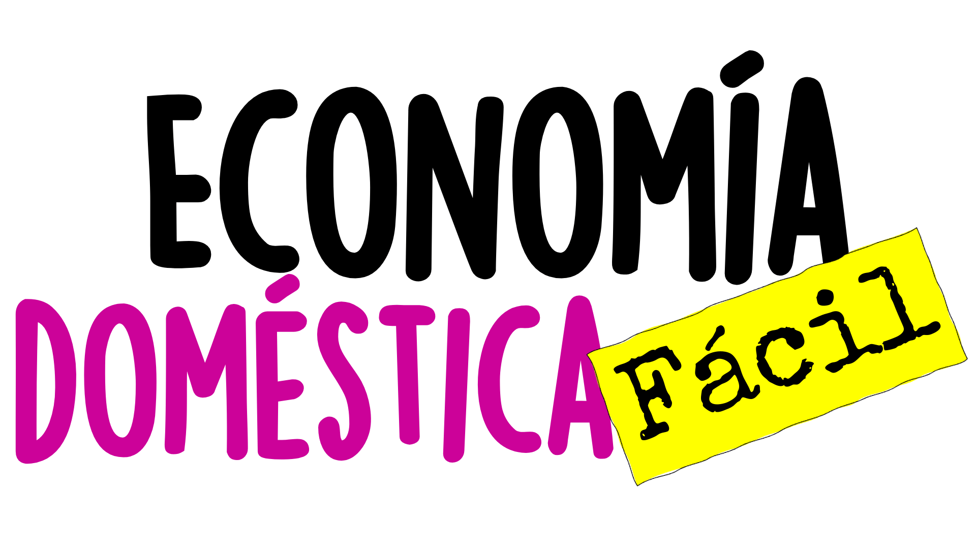 Logo de Economía Doméstica Fácil, Economía en color negro, Doméstica en color fucsia chillon y Fácil d'entro de una etiqueta de precio de color amarillo chillon